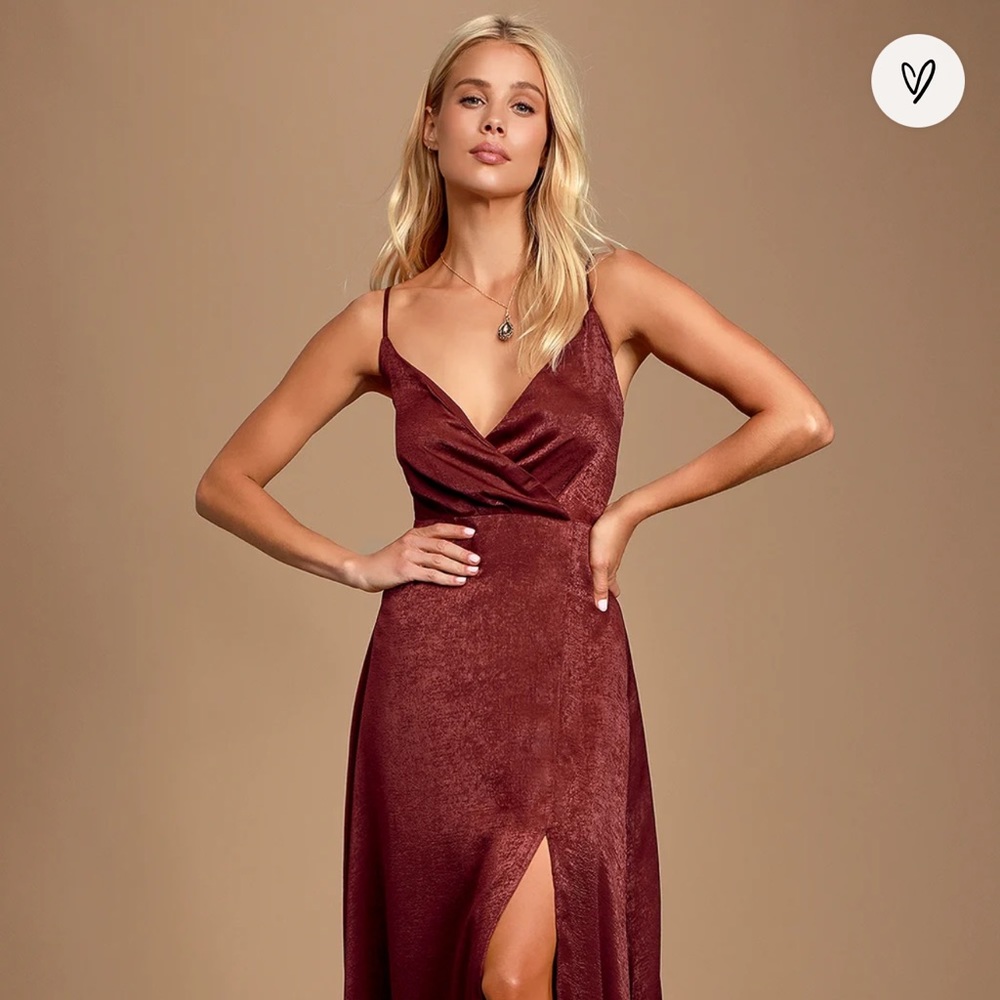 Burgundy satin maxi dress with slit